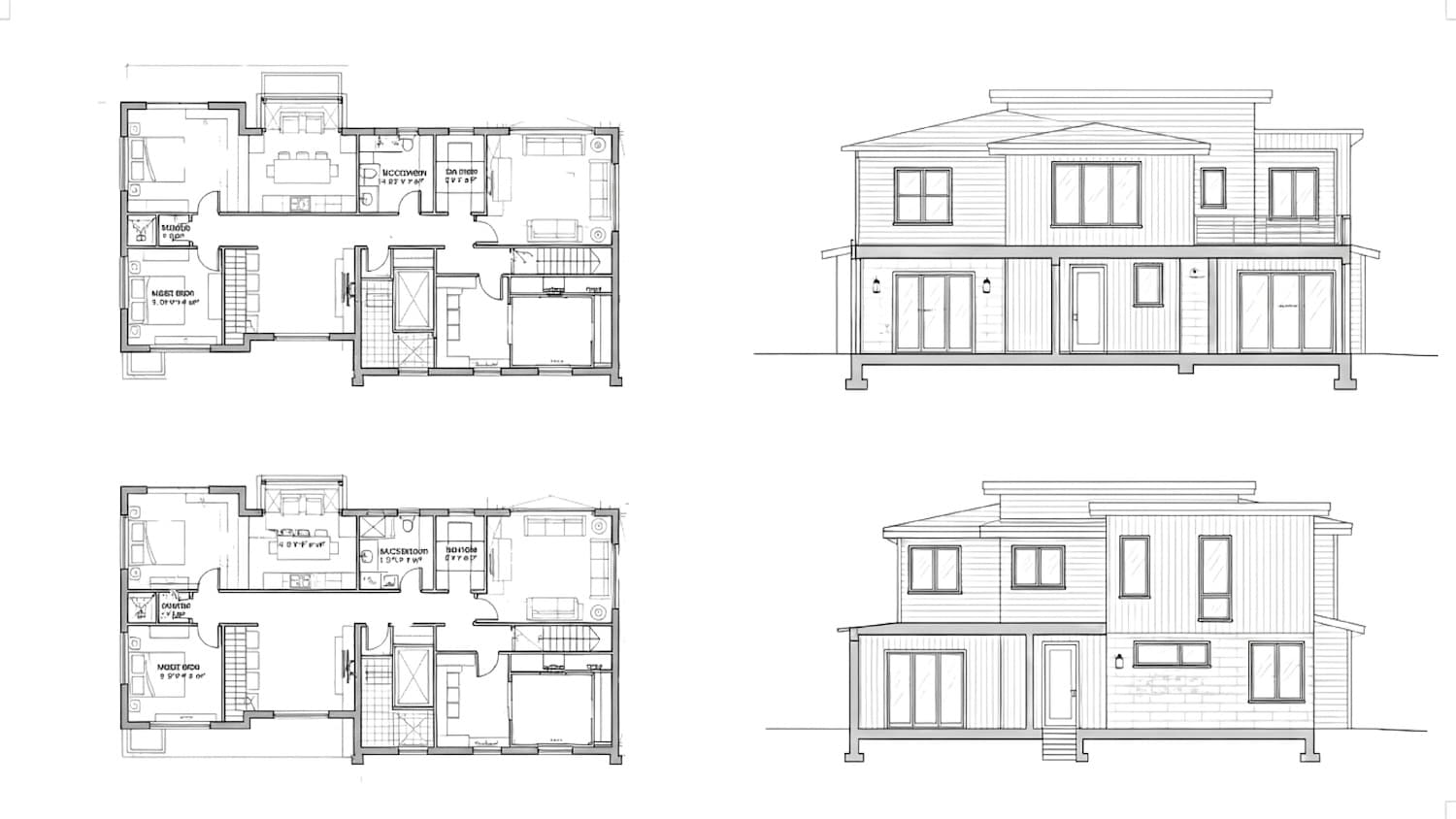 Custom home architectural blueprints showing floor plans and elevations